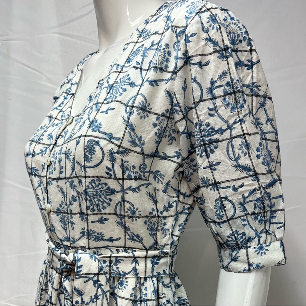 Uncle Frank Small White Blue China Pattern Half Sleeve Belted Midi Dress Anthro - Picture 5 of 9